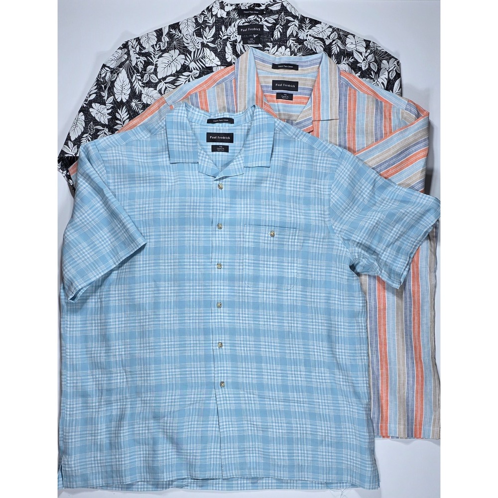 Paul Fredrick Mens 100% Linen Short Sleeve Shirt Lot 3 XXL Tropical Stripe Plaid